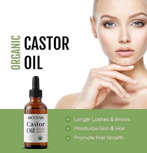 MOOYAM Castor oil (2oz) Certified Organic 100% Puré Stimulate Growth for Eyelashes, Eyebrows, Hair. Skin Moisturizer & Treatment